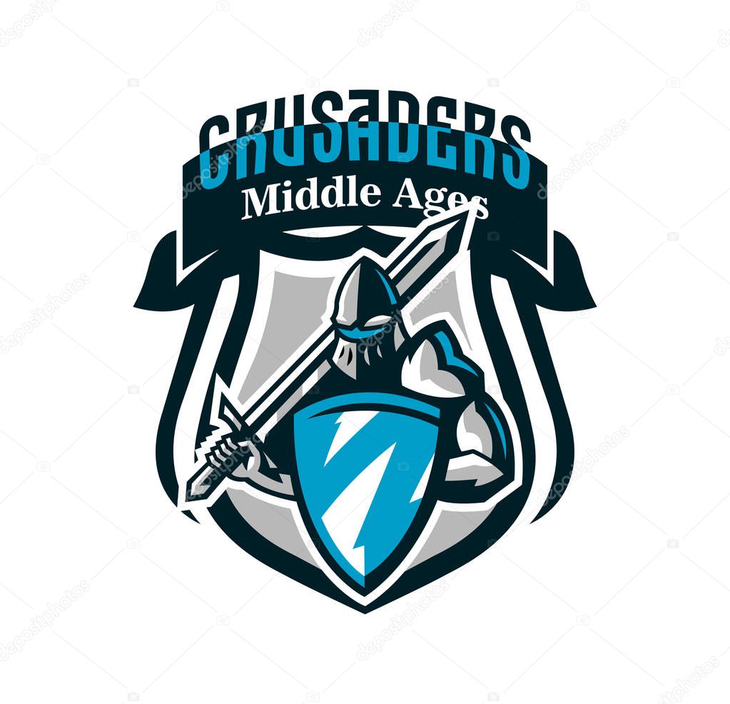 Colorful logo, knight s emblem in iron armor. A warrior of the Middle Ages, a knight holds a shield and a sword, swordsman, warrior, defender, lettering.Vector illustration