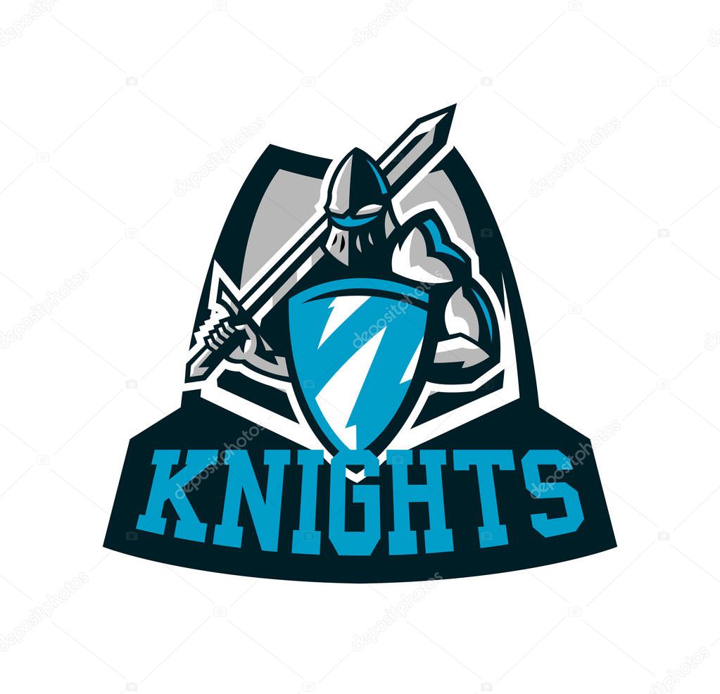 Colorful logo, knight s emblem in iron armor. A warrior of the Middle Ages, a knight holds a shield and a sword, swordsman, warrior, defender, lettering. Vector illustration.