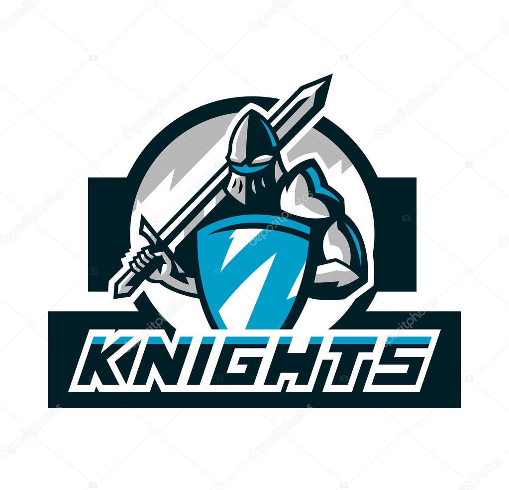 Colorful logo, knight s emblem in iron armor. A warrior of the Middle Ages, a knight holds a shield and a sword, swordsman, warrior, defender, lettering. Vector illustration.