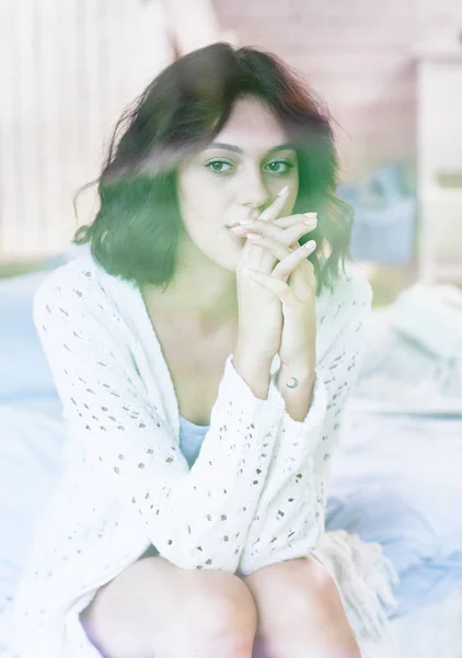 Thoughtful Woman Sitting Bed Arms Praying Gesture — Stock Photo, Image