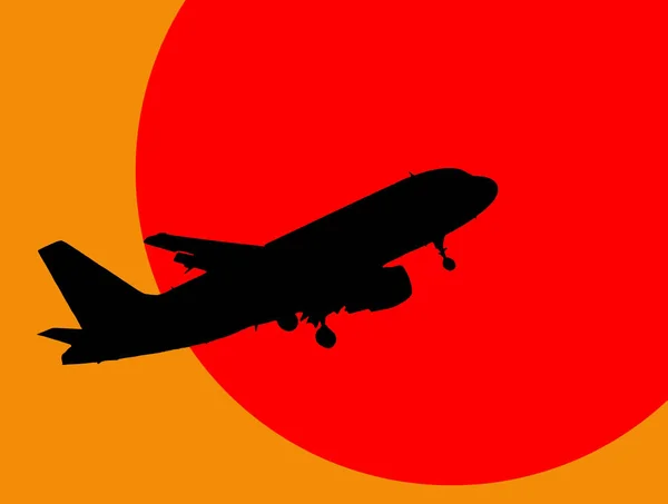 Black silhouette of a plane on a background of red sun. — Stock Photo, Image