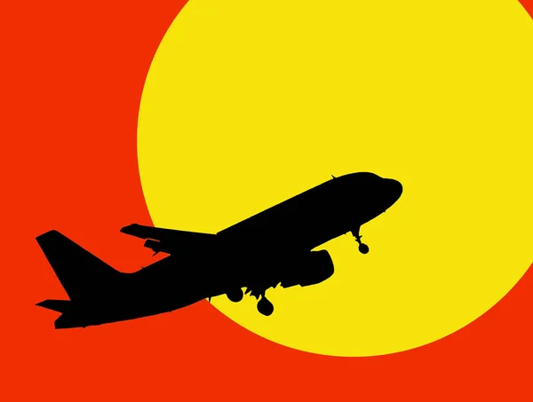 红色太阳背景上飞机的黑色轮廓. — 图库照片