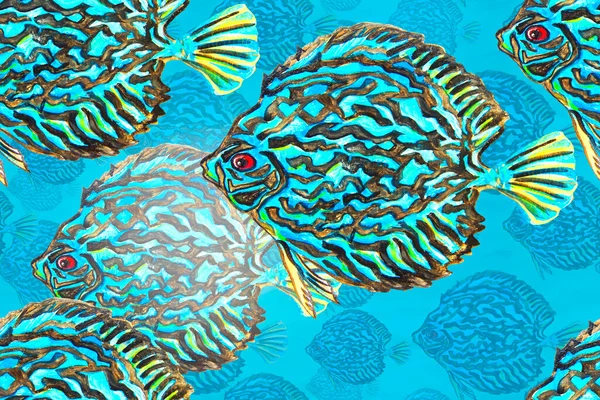 Bezešvé Vzor Hejnem Tropických Ryb Tažených Akvarelem — Stock fotografie