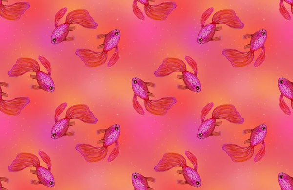 Seamless Pattern Goldfish Veiled Tails — Stock Photo, Image