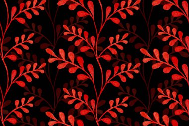 Suluboya boya ile kusursuz desen. Siyah arkaplanda kırmızı dallar.