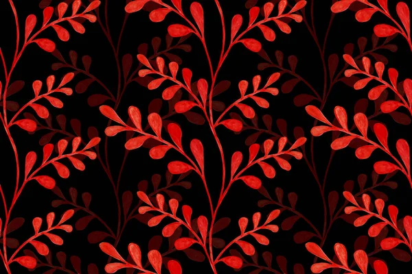 无缝图案与水彩画 黑色背景上的红色分枝 — 图库照片