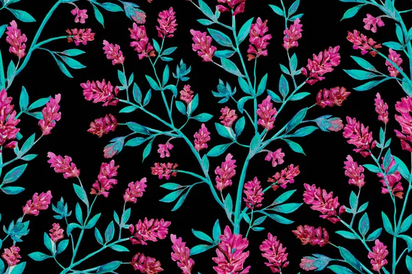 Kusursuz çiçek deseni. Siyah arka planda suluboya ile boyanmış pembe çiçekler..