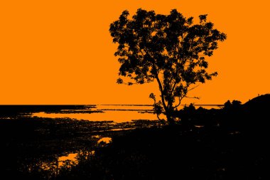 Manzara sarı ve siyahtır. Deniz kenarında bir ağaç.