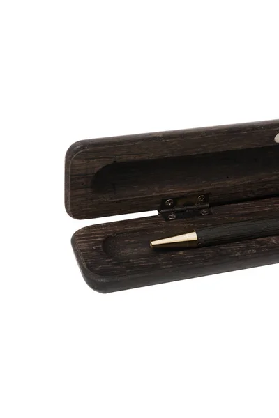 A pencil case for a ballpoint pen made from old oak on a white background — Stock Photo, Image