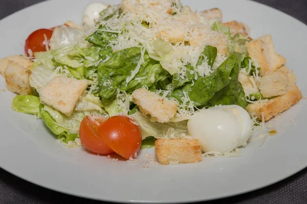 Salada Caesar em um prato branco e um fundo escuro — Fotografia de Stock