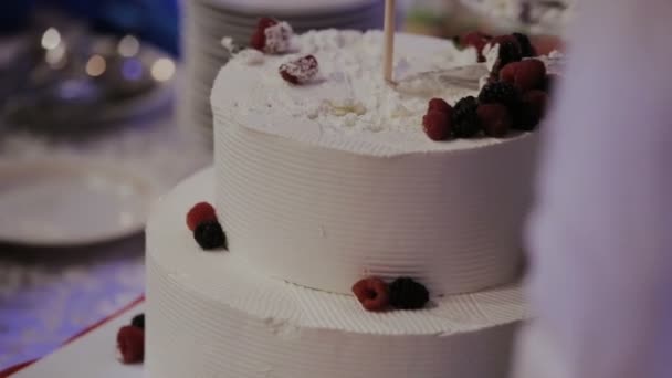 Vacker tårta skär med en kniv på ett stativ — Stockvideo