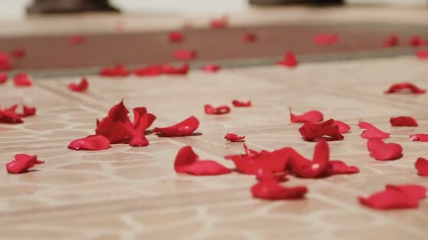 Płatki kwiatów na podłodze podczas uroczystości weselnych — Wideo stockowe