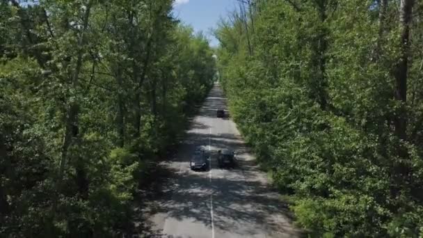 Luchtfoto. Vliegen over de prachtige bos bomen en de weg... Luchtfoto camera geschoten. Landschap panorama. — Stockvideo