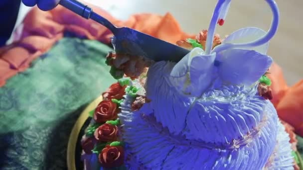Kesme ve plakaları üzerinde düğün pastası katlama — Stok video