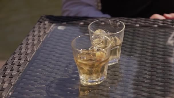 Двое молодых людей пьют виски на природе у озера — стоковое видео