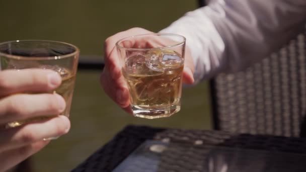 Dos jóvenes bebiendo whisky en la naturaleza cerca del lago — Vídeos de Stock