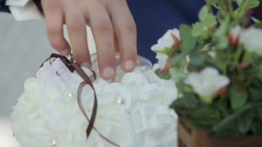 Gelin ve damat nikah yüzükleri yeşil doğa arka plan üzerinde alışverişi closeup