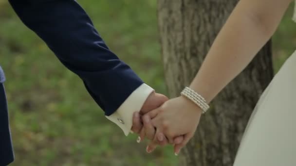 Close-up van bruid en bruidegom bruiloft ringen uitwisselen via groene natuur achtergrond — Stockvideo