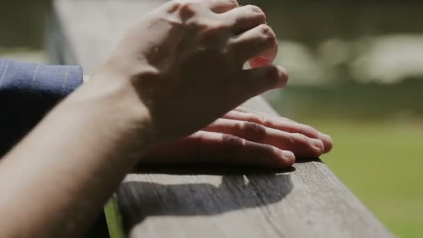 Primer plano de la novia y el novio intercambio de anillos de boda sobre fondo de la naturaleza verde — Vídeos de Stock