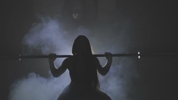 Image pleine longueur d'une jeune femme testant sa force en tenant une haltère avec des poids lourds sur ses épaules pendant qu'elle squats — Video