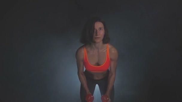 Dambılları kaldıran güzel bir fitness kadını. Sportif kız iyi eğitilmiş vücudunu gösteriyor. Güç eğitimiyle gelişmiş kaslar. . — Stok video