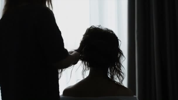 A woman does the hairstyle of another woman, smoothes her hair with her hands — Stock Video