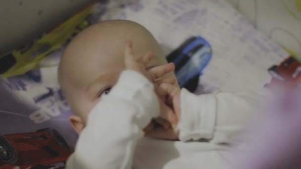 Happy Newborn Baby Yawns Closeup White Bed — Stock Video