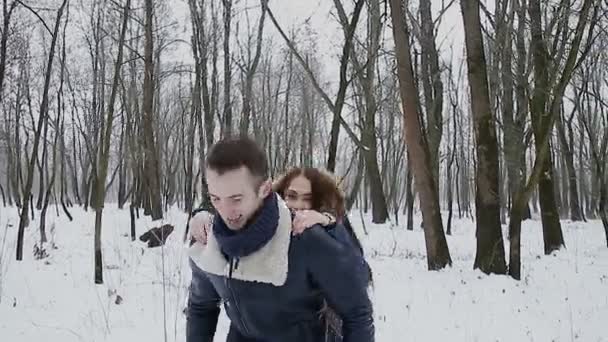 Guy e menina no inverno no parque — Vídeo de Stock