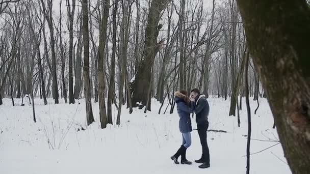 Парень и девушка зимой в парке — стоковое видео