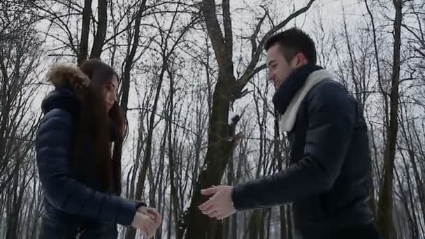 Guy and girl in winter in park — Stock Video
