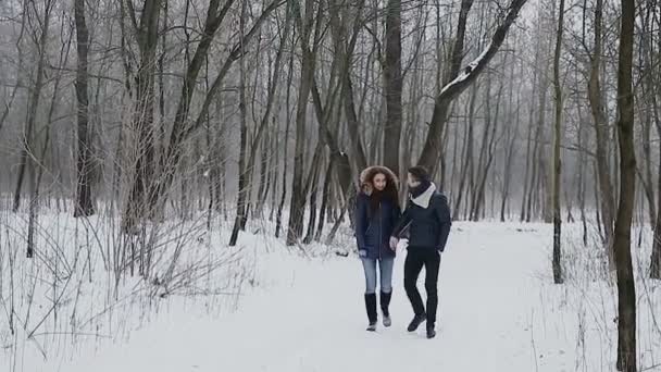 Guy and girl in winter in park — Videoclip de stoc