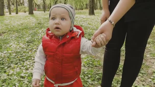 Mamá camina con el niño en un hermoso día soleado — Vídeos de Stock