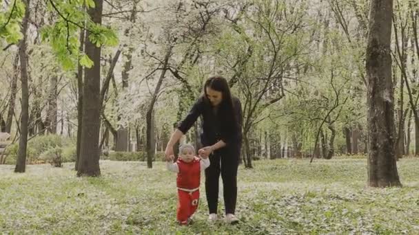 Maman marche avec l'enfant par une belle journée ensoleillée — Video