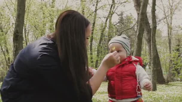 Mutter geht mit dem Kind an einem schönen, sonnigen Tag — Stockvideo