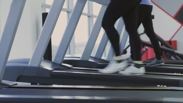 一个女孩在健身俱乐部的跑步机上行走。 — 图库视频影像