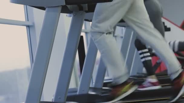 Чоловік і дівчина тренуються на біговій доріжці у фітнес-клубі — стокове відео