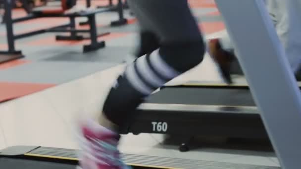 Uma mulher treina em uma esteira em um clube de fitness — Vídeo de Stock