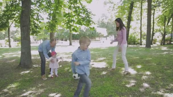 家族は、子供たちと公園で歩きます。晴れた日。緑の木々 — ストック動画