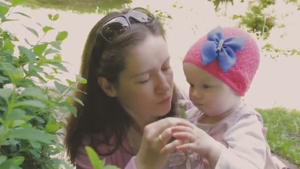 Familienspaziergänge im Park mit Kindern. sonniger Tag. grüne Bäume — Stockvideo