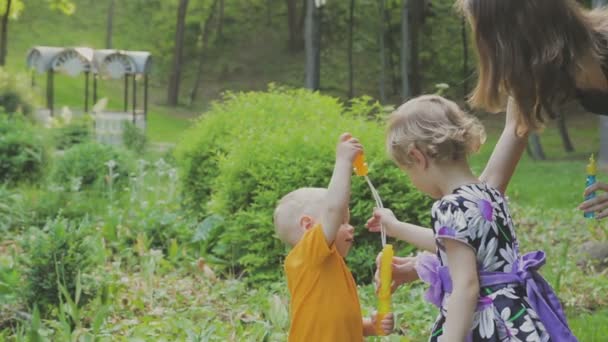 Aile ile çocuk parkta yürüyor. Güneşli bir gün. Yeşil ağaçlar — Stok video