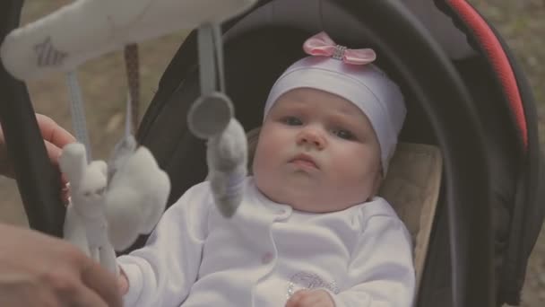 Küçük kızı ile yürüyüş ve parkta bebek arabası itme güzel kadın — Stok video