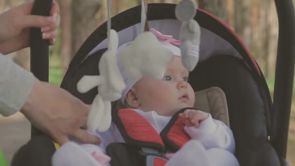 Hermosa mujer caminando con su pequeña hija y empujando cochecito en el parque — Vídeos de Stock