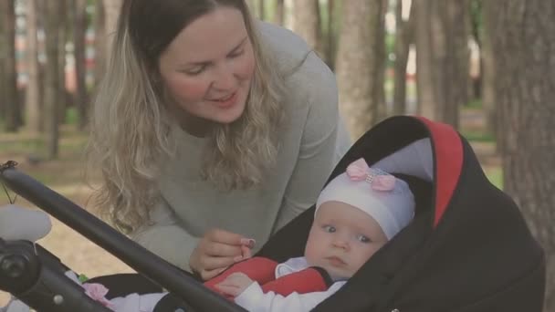 Beautiful woman walking with her little daughter and pushing stroller in park — Stock Video