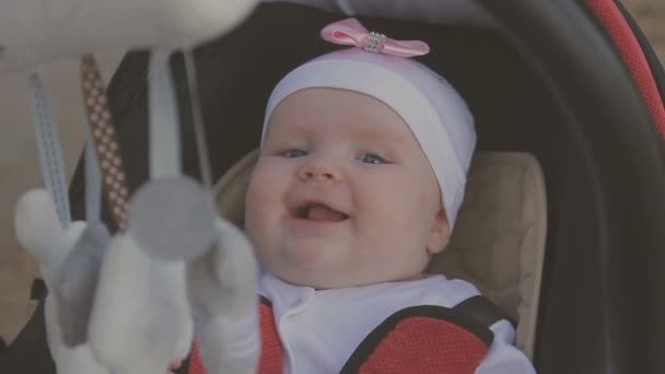 Küçük kızı ile yürüyüş ve parkta bebek arabası itme güzel kadın — Stok video