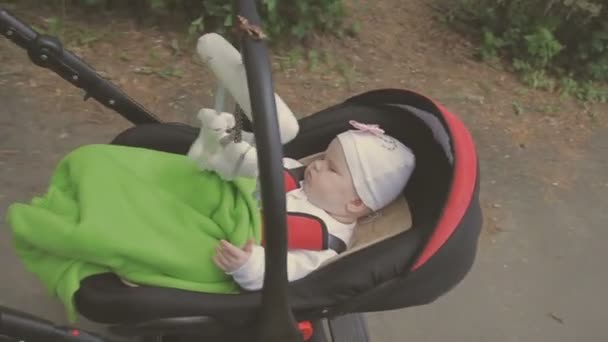 Hermosa mujer caminando con su pequeña hija y empujando cochecito en el parque — Vídeos de Stock