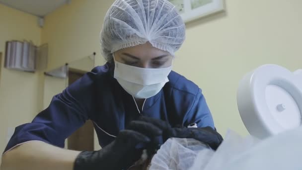 Γυναίκα υπάλληλος της κλινικής κοσμετολογίας καθιστά μια ρουτίνα microblasting σε γυναίκα ασθενή — Αρχείο Βίντεο