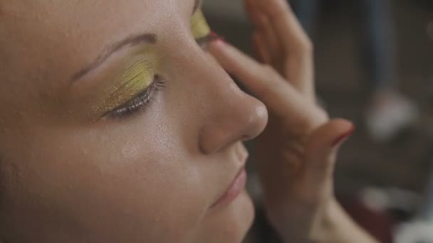 Vizážista je profesionální make-up pro velmi krásná dívka ve fotografickém studiu — Stock video