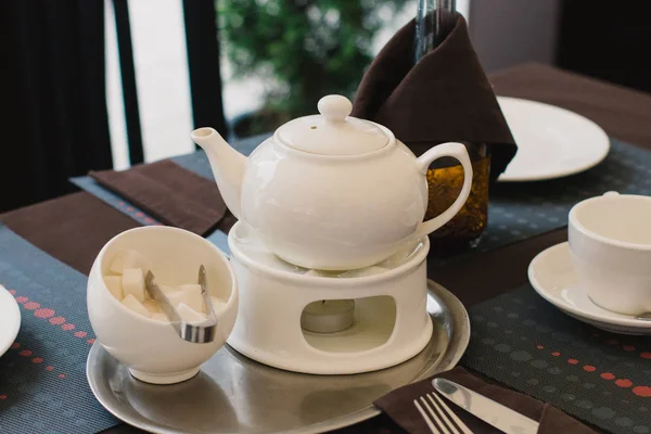 Set for tea with sugar and iron trays — Stock Photo, Image