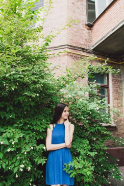 Çok güzel ve neşeli kız beyaz çiçekli bir çalı yakınında sokakta duruyor