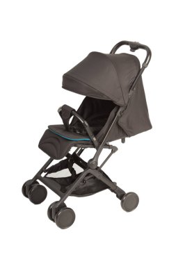 Bir bebek arabası beyaz bir arka planda, modern tasarım.